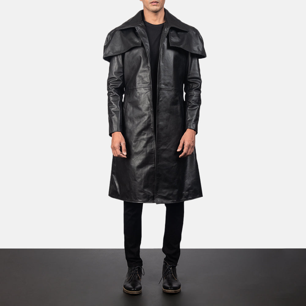 
Classic Czarny Leather Duster Męska in Black Cowhide Leather - Widok z przodu i dopasowana sylwetka | Kup online w oficjalnym sklepie