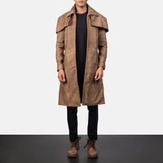 Men's Classic Brązowa Leather Duster Męska in Distressed Brown Sheepskin Snuffed - Front Profile View &amp; Tailored Silhouette | Buy Online