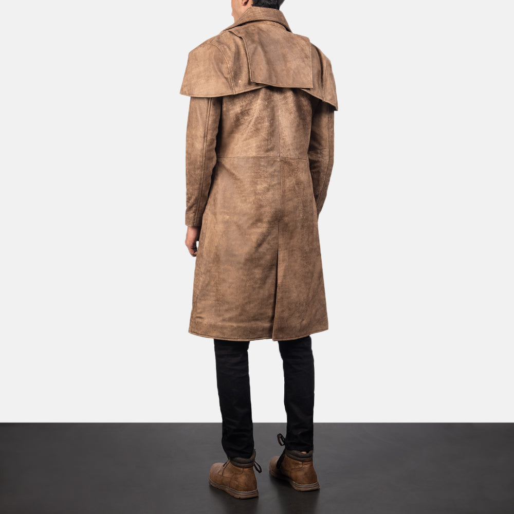 Men's Classic Brązowa Leather Duster Męska - Lateral Side Profile View Showing Sleeve Cut &amp; Athletic Taper Fit
