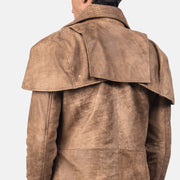 Close-Up Detail of Classic Collar &amp; Heavy-Duty Zipper Hardware on Men's Classic Brązowa Leather Duster Męska