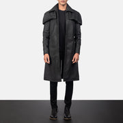 Men's Classic Distressed Czarna Leather Duster Męska in Distressed Black Sheepskin Snuffed - Front Profile View &amp; Tailored Silhouette | Buy Online