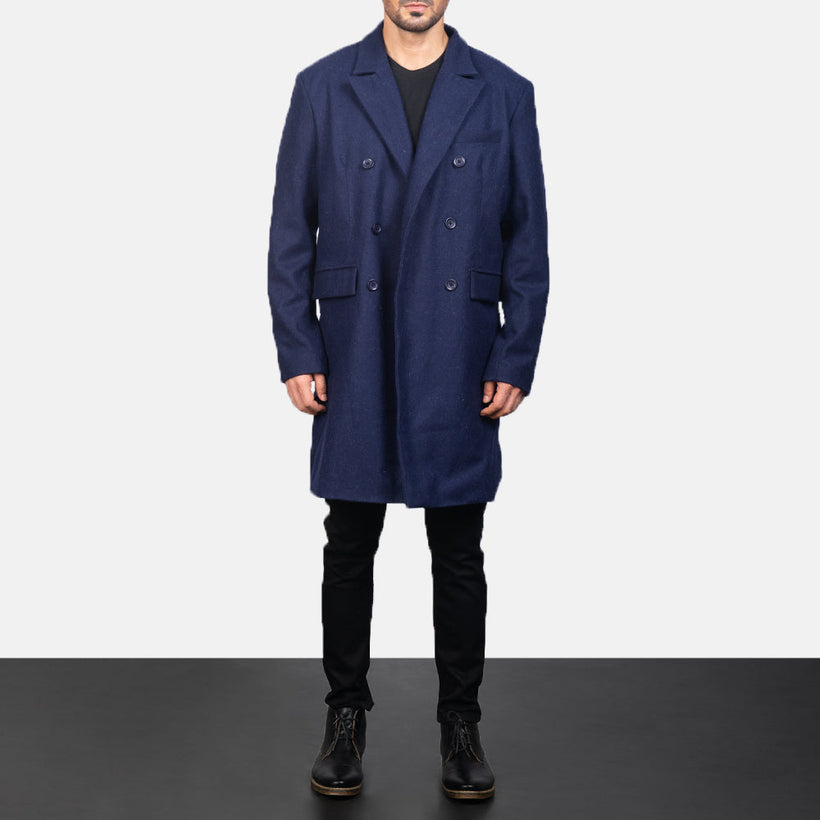 Claud Blue Wool Double-Breasted Skórzany Płaszcz Męska
