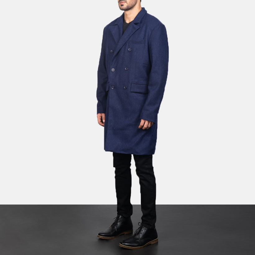 Claud Blue Wool Double-Breasted Skórzany Płaszcz Męska