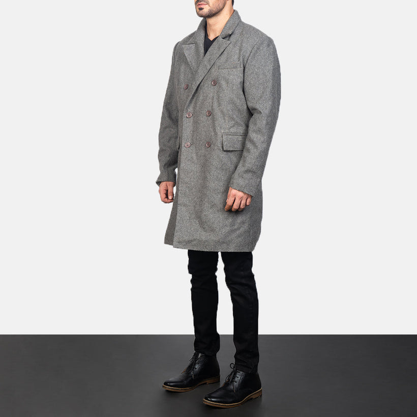 Claud Grey Wool Double-Breasted Skórzany Płaszcz Męska