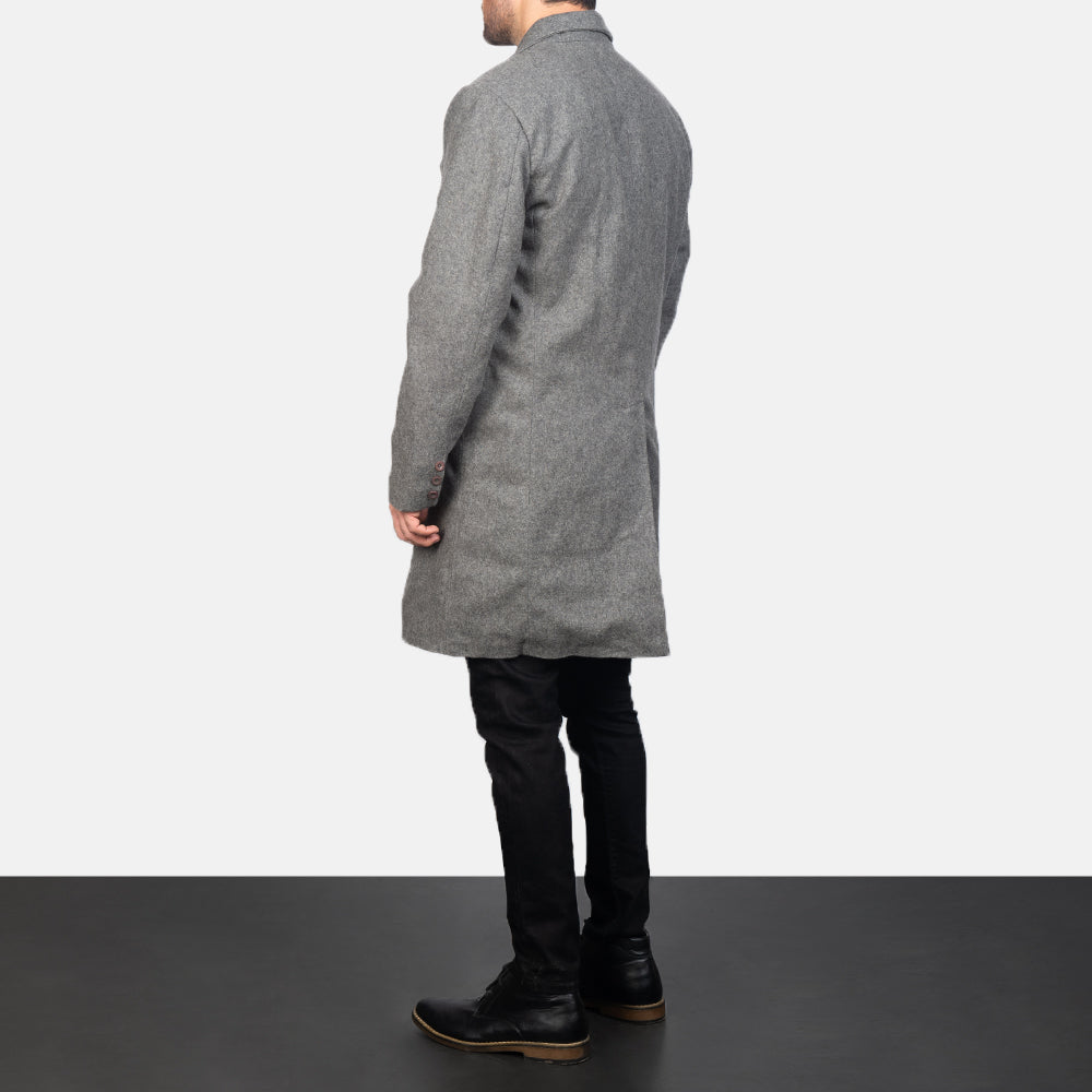 Close-Up Detail of Notch & Button Hardware on Men's Claud Grey Wool Double Breasted Coat