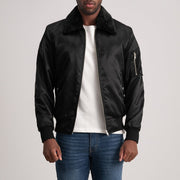 Close-Up Detail of Removable faux fur collar &amp; Zipper Hardware on Clyde B-15 Black Bomber Jacket