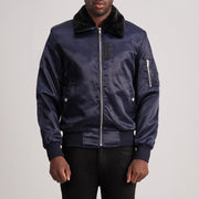 Clyde B-15 Blue Skórzana Kurtka Bomberka Męska in Blue Satin - Front Profile View &amp; Tailored Silhouette | Buy Online