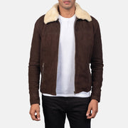 Men's Coffner Brązowa Shearling Fur Kurtka Skórzana Męska in Distressed Brown Goatskin Suede - Front Profile View &amp; Tailored Silhouette | Buy Online