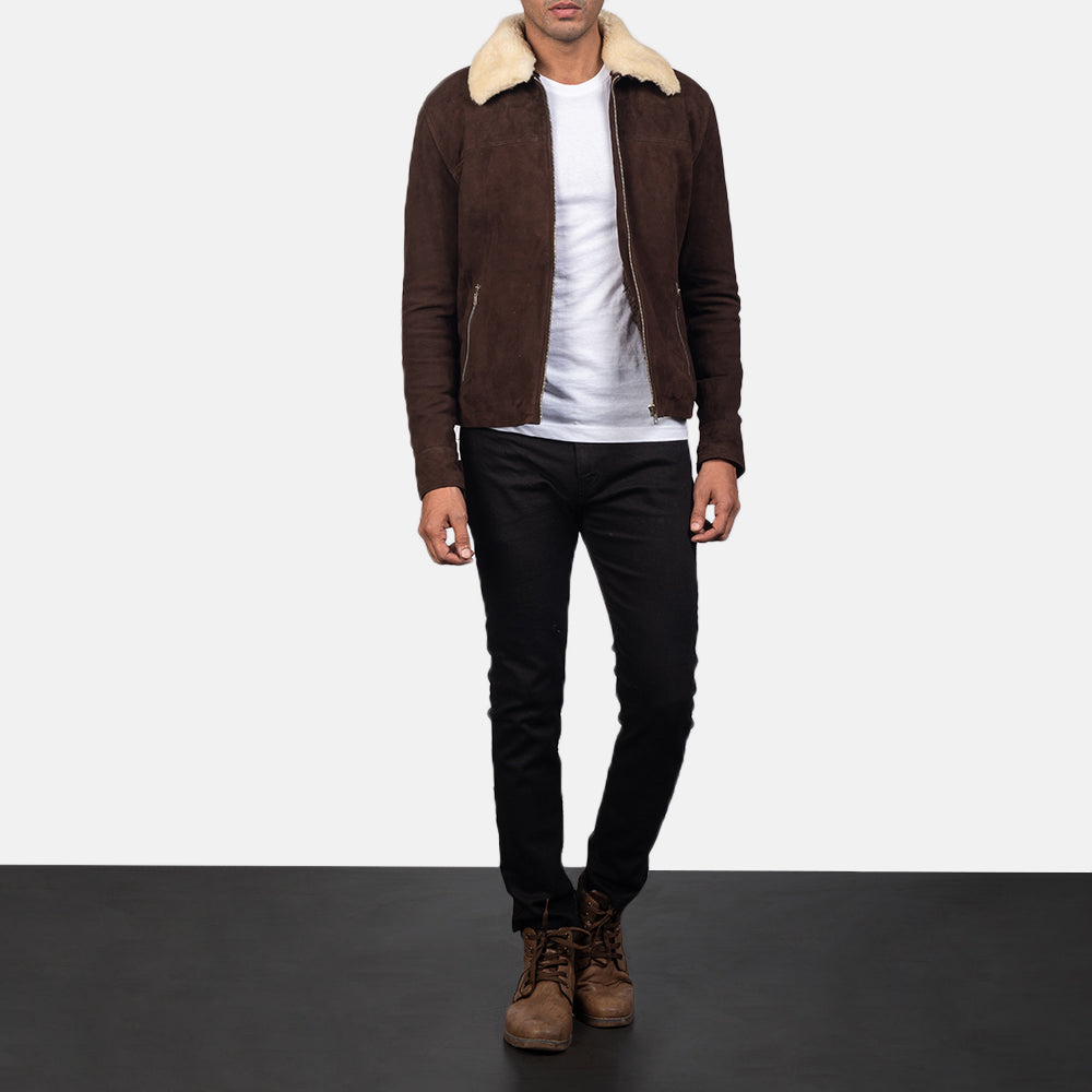 Men's Coffner Brązowa Shearling Fur Kurtka Skórzana Męska - Lateral Side Profile View Showing Sleeve Cut &amp; Athletic Taper Fit