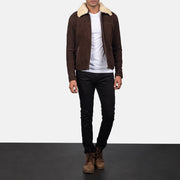 Men's Coffner Brązowa Shearling Fur Kurtka Skórzana Męska - Lateral Side Profile View Showing Sleeve Cut &amp; Athletic Taper Fit