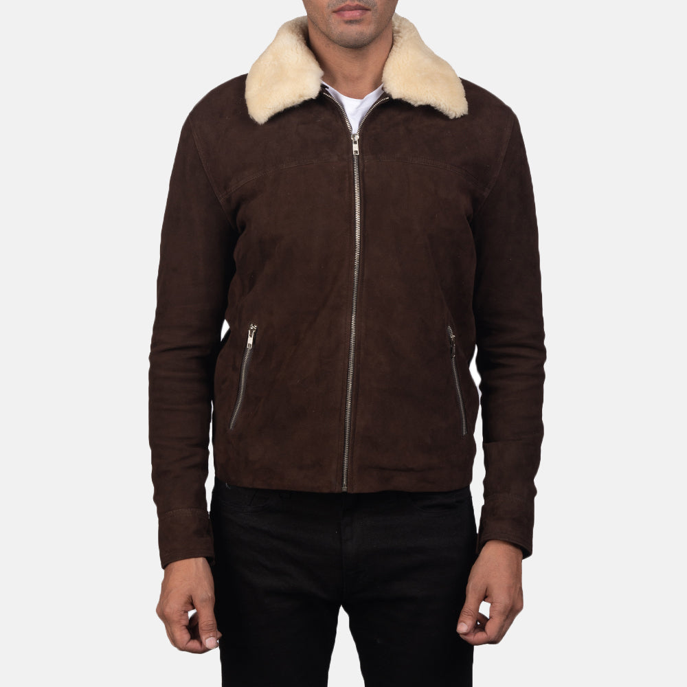 Close-Up Detail of Shirt with Removable Fur Collar &amp; Zipper Hardware on Men's Coffner Brązowa Shearling Fur Kurtka Skórzana Męska