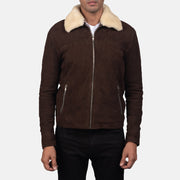 Close-Up Detail of Shirt with Removable Fur Collar &amp; Zipper Hardware on Men's Coffner Brązowa Shearling Fur Kurtka Skórzana Męska