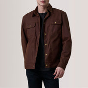 Colberto Brązowa Waxed Canvas Trucker Kurtka Skórzana Męska For Men in Brown Waxed Cotton Canvas - Front Profile View &amp; Tailored Silhouette | Buy Online