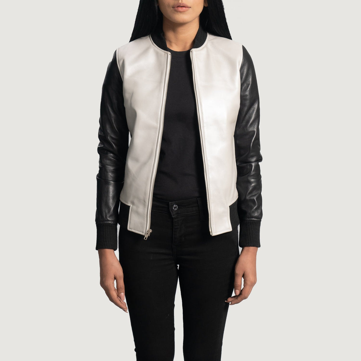 Women's Cole Silver Skórzana Kurtka Bomberka Damska - Lateral Side Profile View Showing Sleeve Cut &amp; Athletic Taper Fit