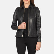 Women Colette Czarna Kurtka Skórzana Damska in Black Sheepskin Leather - Front Profile View &amp; Tailored Silhouette | Buy Online