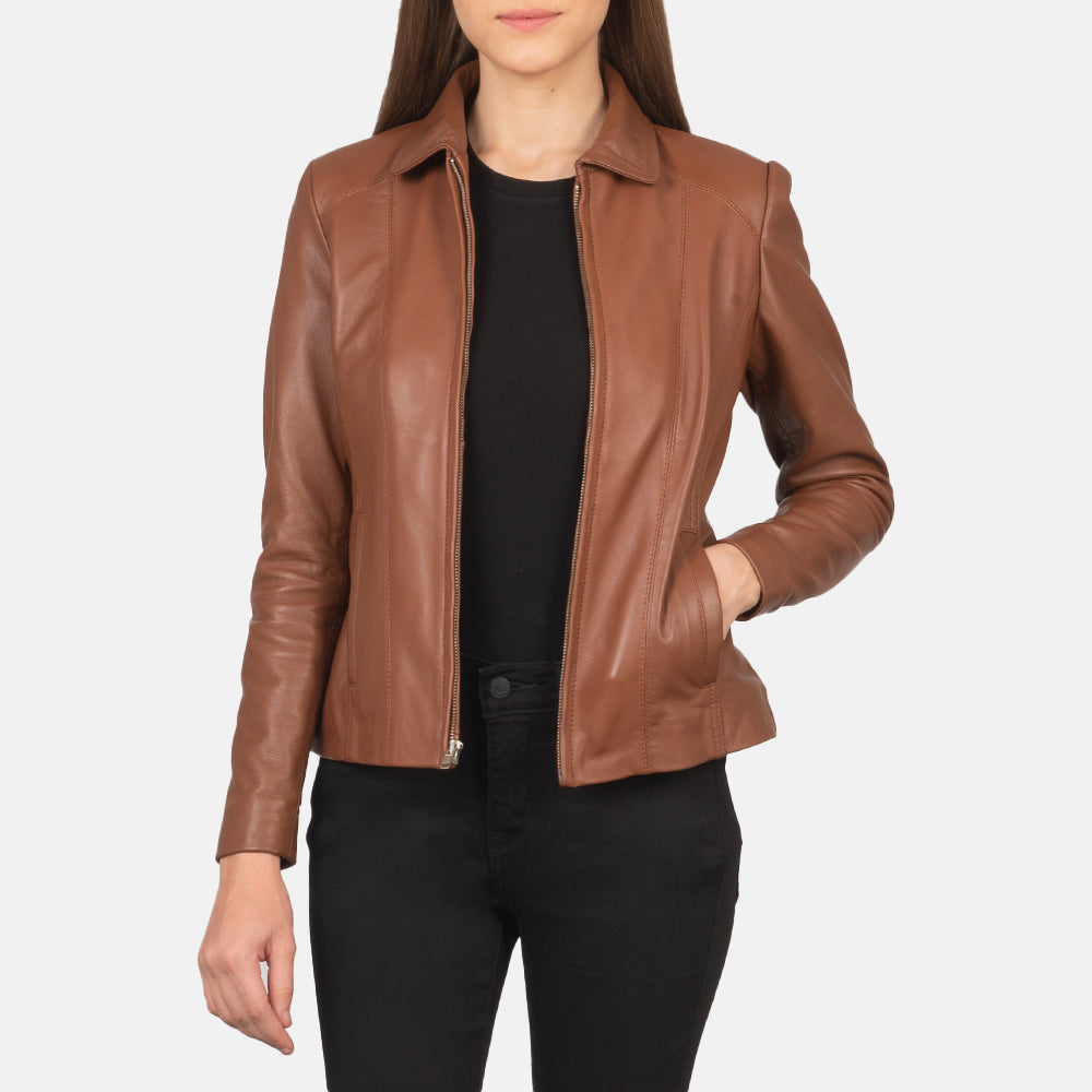 Women Colette Brązowa Kurtka Skórzana Damska in Brown Sheepskin Leather - Front Profile View &amp; Tailored Silhouette | Buy Online