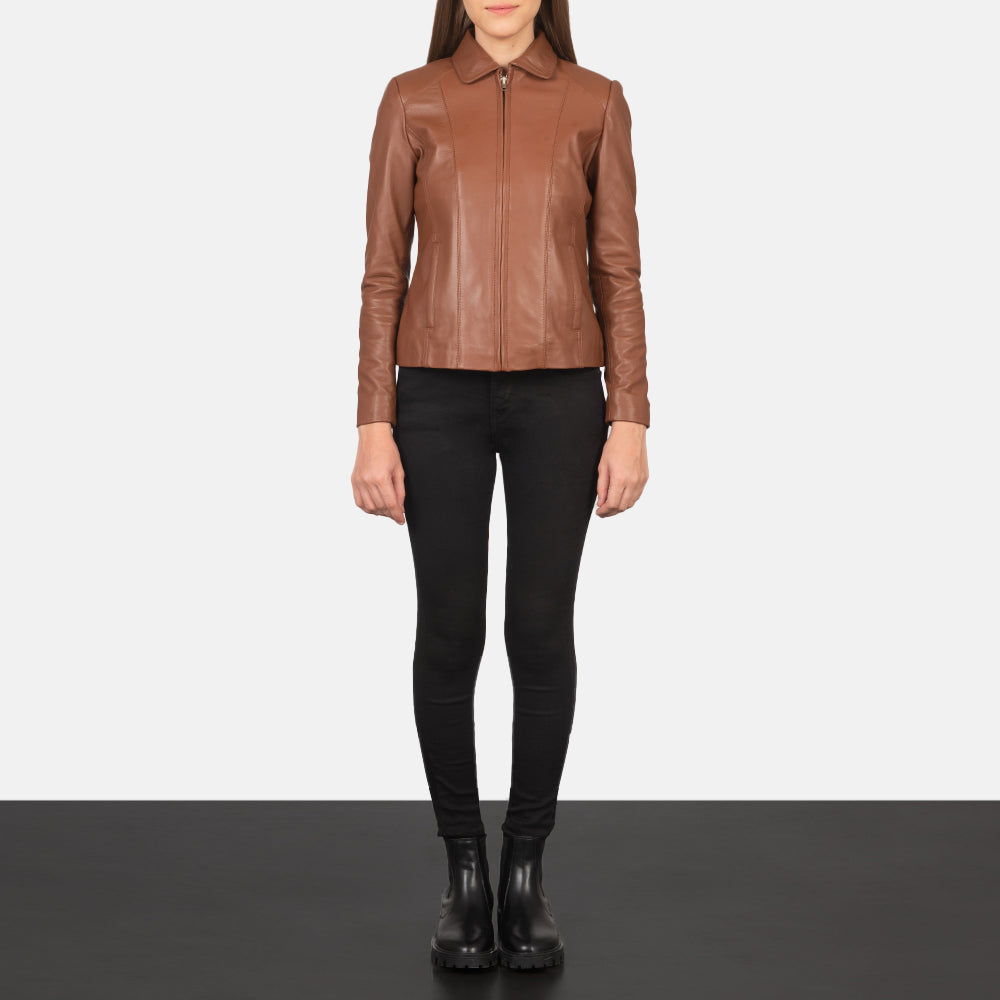 Women Colette Brązowa Kurtka Skórzana Damska - Lateral Side Profile View Showing Sleeve Cut &amp; Athletic Taper Fit