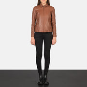 Women Colette Brązowa Kurtka Skórzana Damska - Lateral Side Profile View Showing Sleeve Cut &amp; Athletic Taper Fit