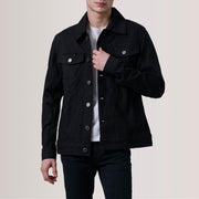 Conard Czarna Denim Trucker Kurtka Skórzana Męska For Men in Black Full-Grain Leather - Front Profile View &amp; Tailored Silhouette | Buy Online