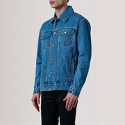Conard Blue Denim Trucker Kurtka Skórzana Męska For Men - Lateral Side Profile View Showing Sleeve Cut &amp; Athletic Taper Fit