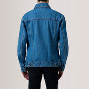 Close-Up Detail of Classic Collar &amp; Heavy-Duty Zipper Hardware on Conard Blue Denim Trucker Kurtka Skórzana Męska For Men