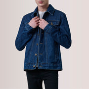 Conard Dark Blue Denim Trucker Kurtka Skórzana Męska For Men in Dark Blue Full-Grain Leather - Front Profile View &amp; Tailored Silhouette | Buy Online