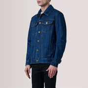 Conard Dark Blue Denim Trucker Kurtka Skórzana Męska For Men - Lateral Side Profile View Showing Sleeve Cut &amp; Athletic Taper Fit