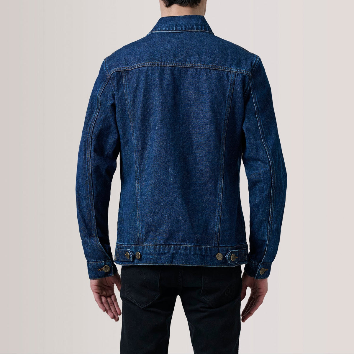 Close-Up Detail of Classic Collar &amp; Heavy-Duty Zipper Hardware on Conard Dark Blue Denim Trucker Kurtka Skórzana Męska For Men