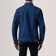 Close-Up Detail of Classic Collar &amp; Heavy-Duty Zipper Hardware on Conard Dark Blue Denim Trucker Kurtka Skórzana Męska For Men