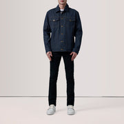 
Indigo Blue Full-Grain leather Jacket - Widok z tyłu z dopasowanymi ramionami i czystym dołem