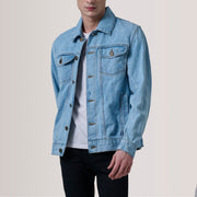 Conard Light Blue Denim Trucker Kurtka Skórzana Męska For Men in Light Blue Full-Grain Leather - Front Profile View &amp; Tailored Silhouette | Buy Online