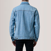 Close-Up Detail of Classic Collar &amp; Heavy-Duty Zipper Hardware on Conard Light Blue Denim Trucker Kurtka Skórzana Męska For Men