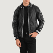 Cooper Czarna Leather Varsity Kurtka Skórzana Męska in Black Sheepskin Leather - Front Profile View &amp; Tailored Silhouette | Buy Online