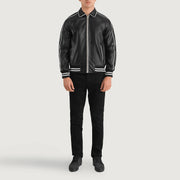 Cooper Czarna Leather Varsity Kurtka Skórzana Męska - Lateral Side Profile View Showing Sleeve Cut &amp; Athletic Taper Fit