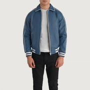 Cooper Blue Leather Varsity Kurtka Skórzana Męska in Blue Sheepskin Leather - Front Profile View &amp; Tailored Silhouette | Buy Online