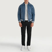 Cooper Blue Leather Varsity Kurtka Skórzana Męska - Lateral Side Profile View Showing Sleeve Cut &amp; Athletic Taper Fit