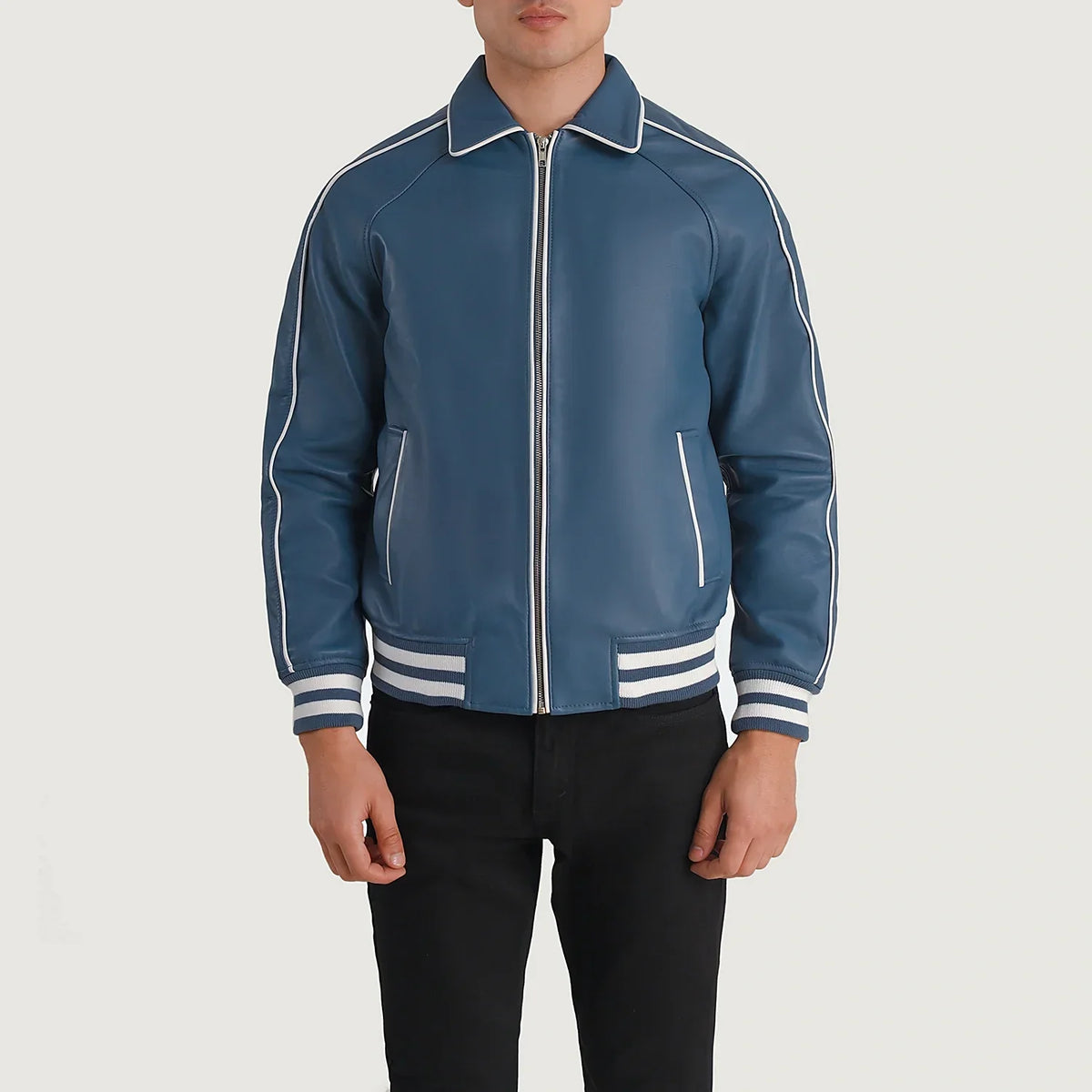 Close-Up Detail of Shirt collar &amp; Zipper Hardware on Cooper Blue Leather Varsity Kurtka Skórzana Męska