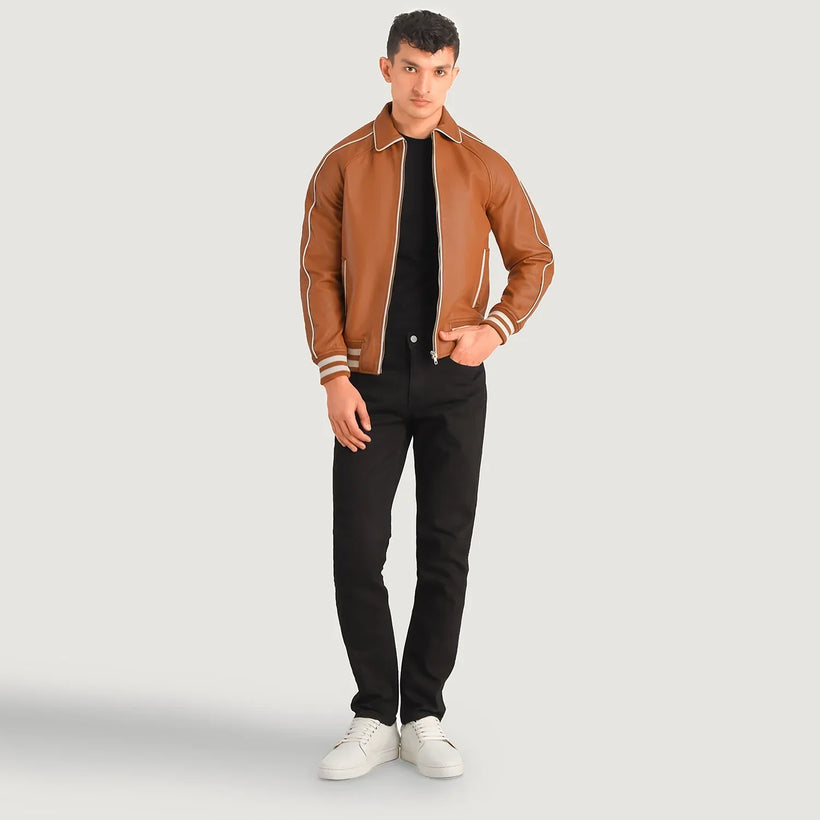 Cooper Jasnobrązowa Brązowa Leather Varsity Kurtka Skórzana Męska