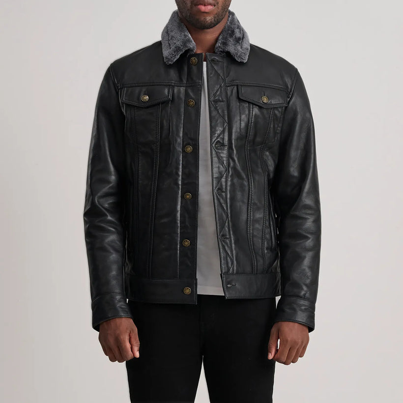 Dallis Czarna Leather Shearling Trucker Kurtka Skórzana Męska