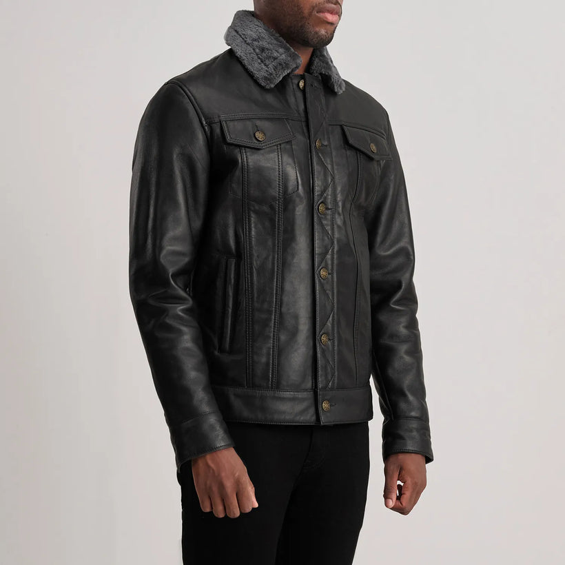 Dallis Czarna Leather Shearling Trucker Kurtka Skórzana Męska