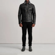 Dallis Czarna Leather Shearling Trucker Kurtka Skórzana Męska - Lateral Side Profile View Showing Sleeve Cut &amp; Athletic Taper Fit