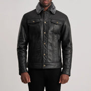Close-Up Detail of Classic Collar &amp; Button Hardware on Dallis Czarna Leather Shearling Trucker Kurtka Skórzana Męska