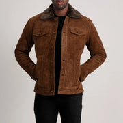 Dallis Brązowa Suede Shearling Trucker Kurtka Skórzana Męska in Brown Goatskin Suede - Front Profile View &amp; Tailored Silhouette | Buy Online