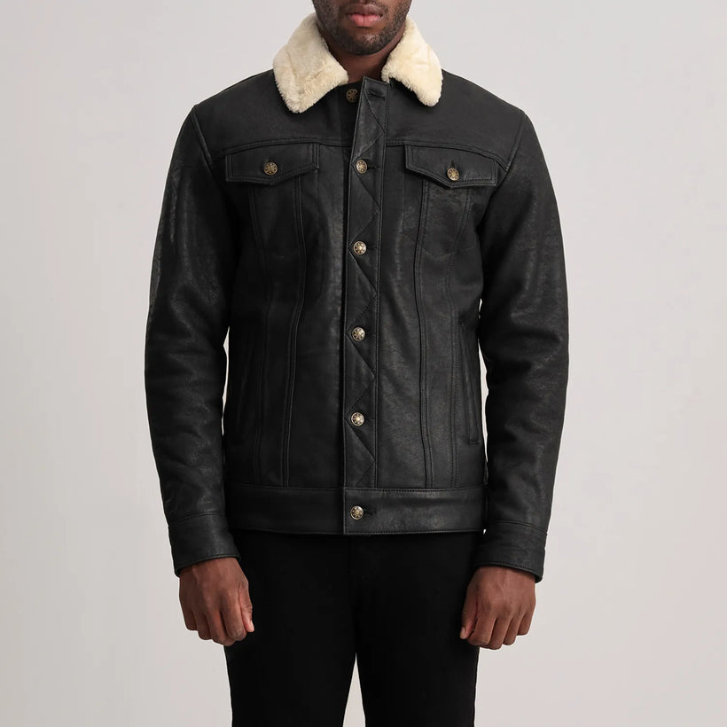 Dallis Distressed Czarna Leather Shearling Trucker Kurtka Skórzana Męska