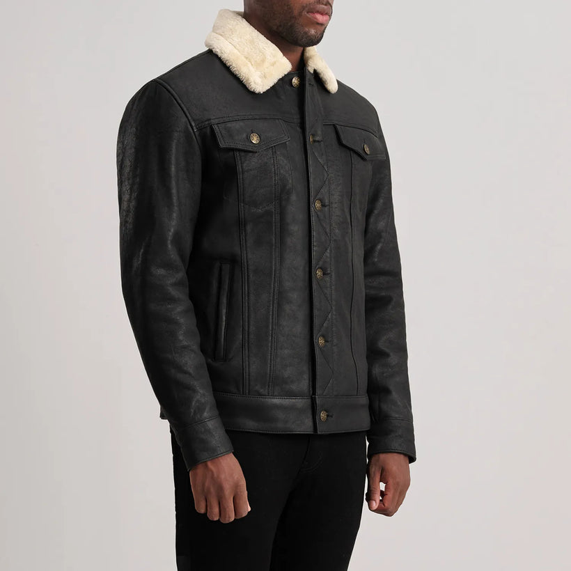 Dallis Distressed Czarna Leather Shearling Trucker Kurtka Skórzana Męska
