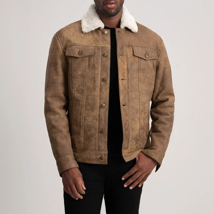 Dallis Distressed Brązowa Leather Shearling Trucker Kurtka Skórzana Męska