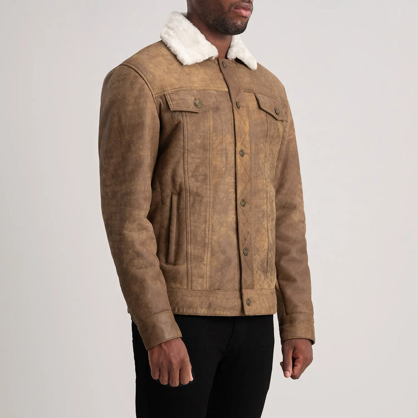 Dallis Distressed Brązowa Leather Shearling Trucker Kurtka Skórzana Męska