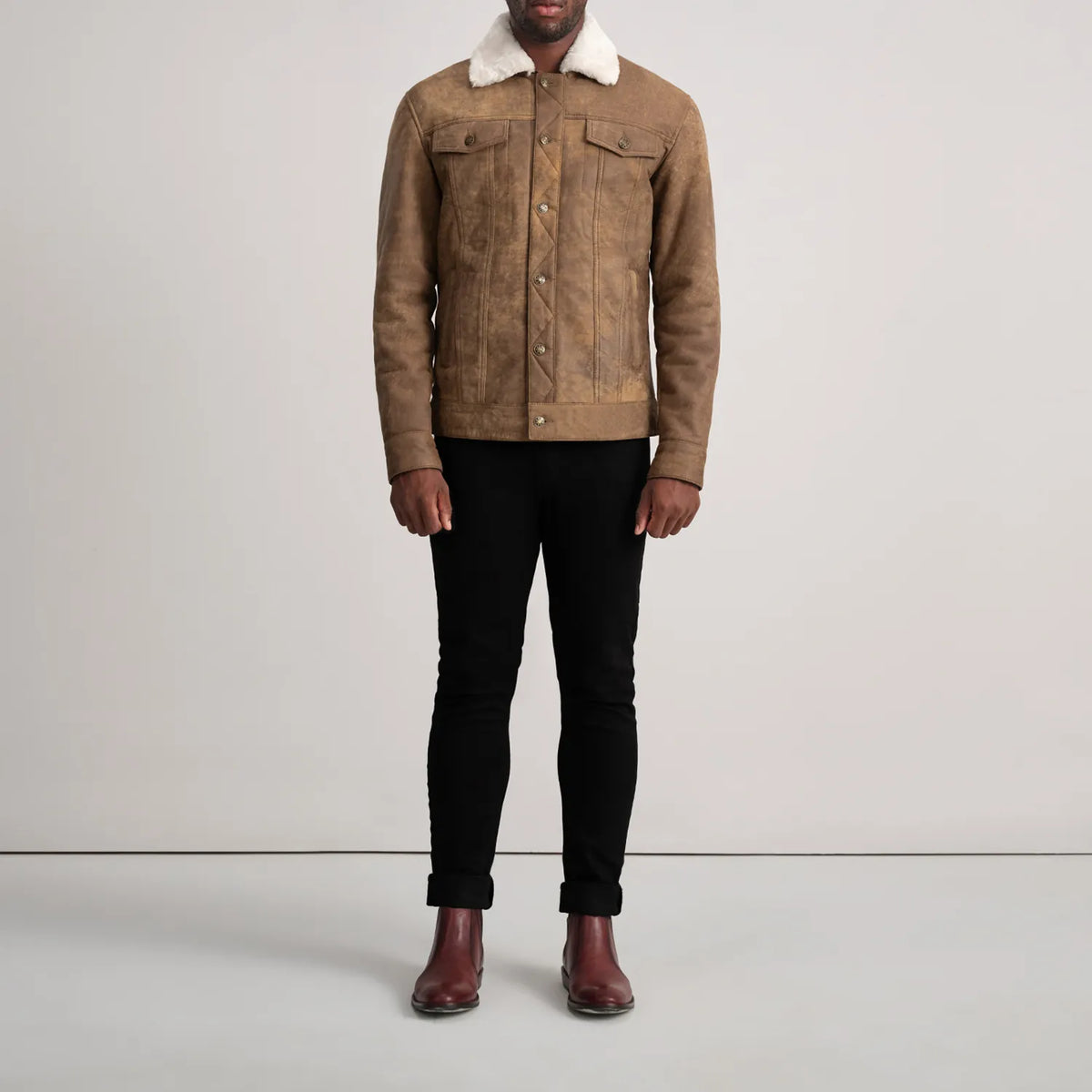 Dallis Snuffed Brown Shearling Trucker Jacket - Lateral Side Profile View Showing Sleeve Cut &amp; Athletic Taper Fit