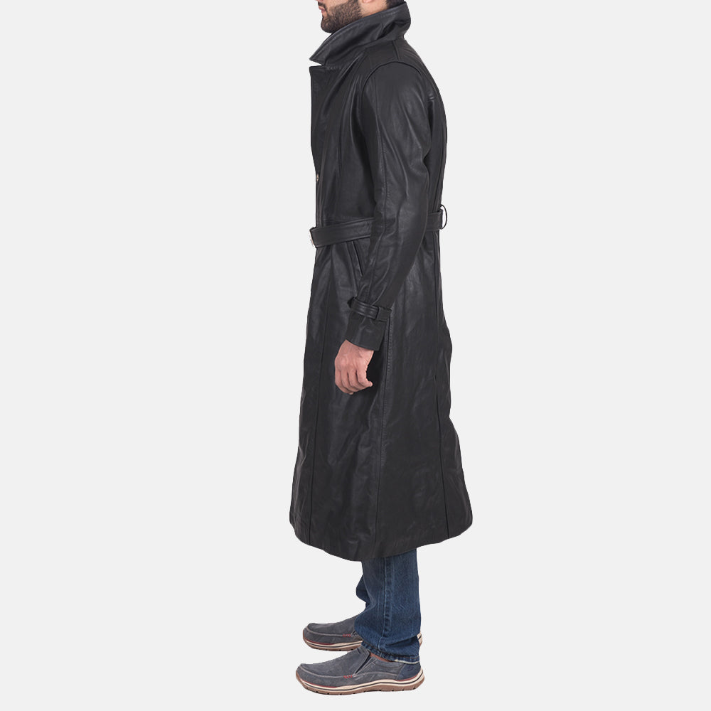 Men's Daniel Czarna Skórzany Trencz Męska - Lateral Side Profile View Showing Sleeve Cut &amp; Athletic Taper Fit