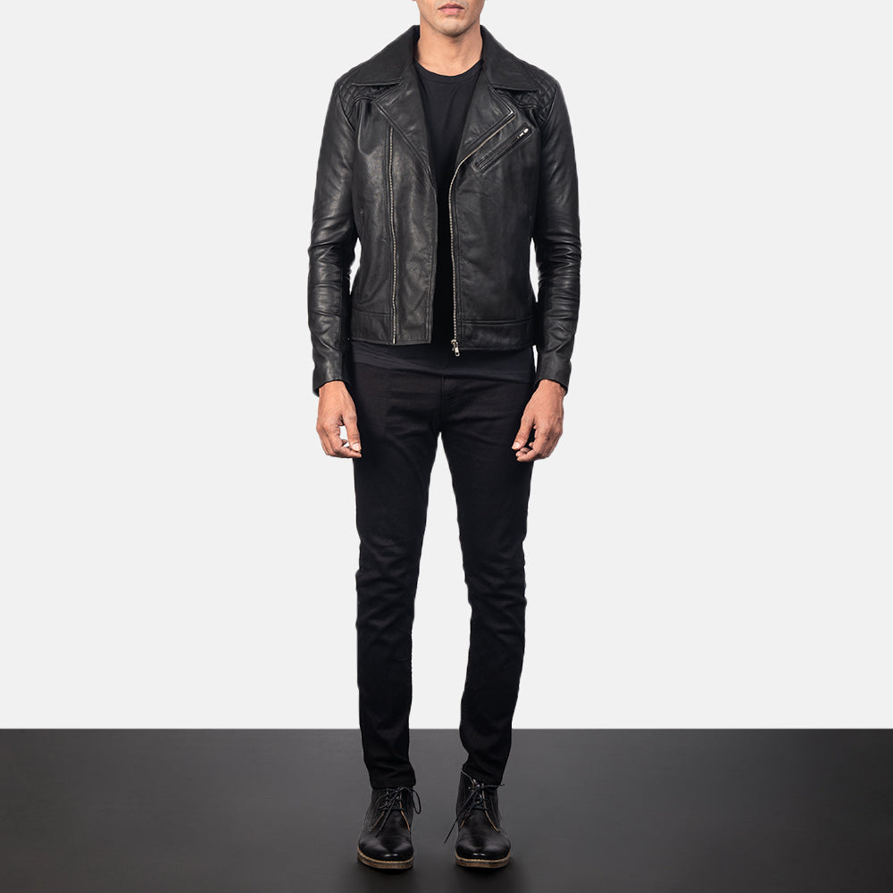 Close-Up Detail of Notch &amp; Zipper Hardware on Men's Danny Quilted Brown Leather Biker Jacket